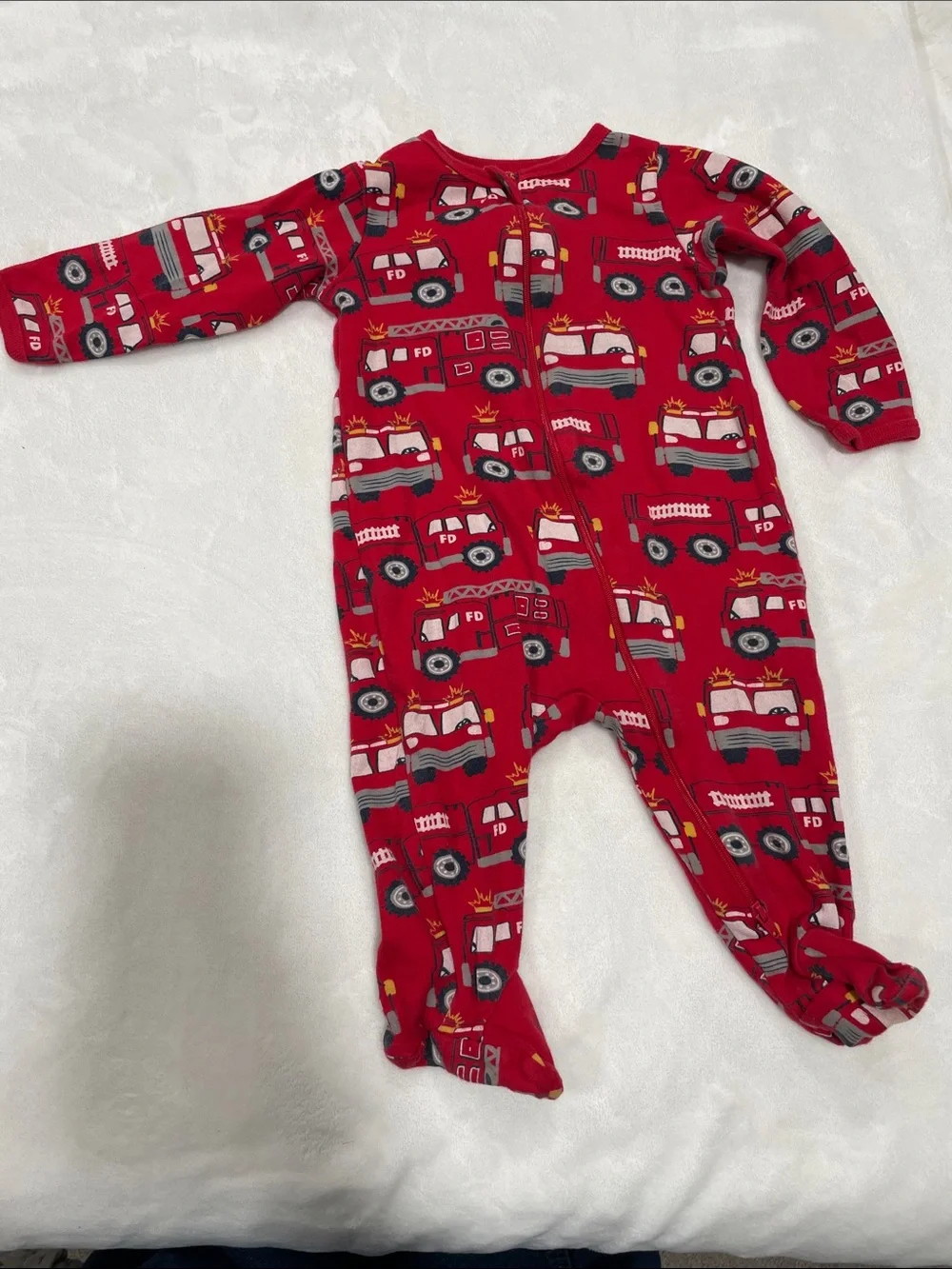 Kids One-Piece Footed Pajama - Red Fire Truck & White Construction Prints